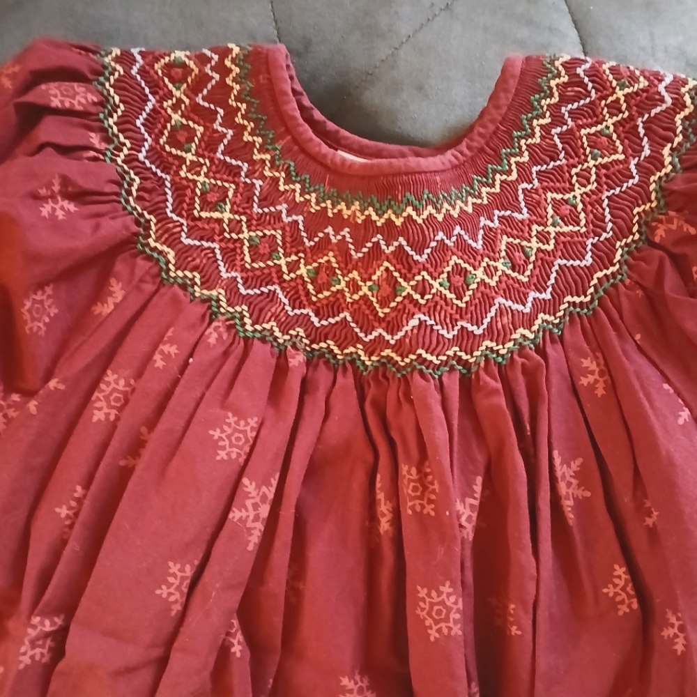Girls Burgundy Smocked Christmas Dress
